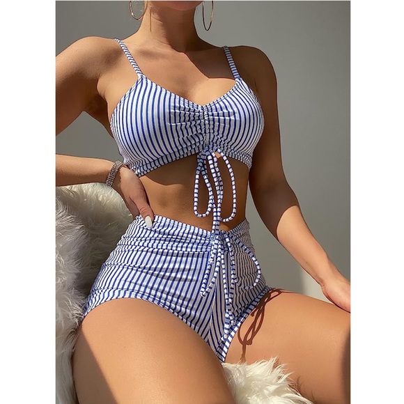 Sporty Blue and White Striped Drawstring Bikini with Boy Shorts - Picture 4 of 14
